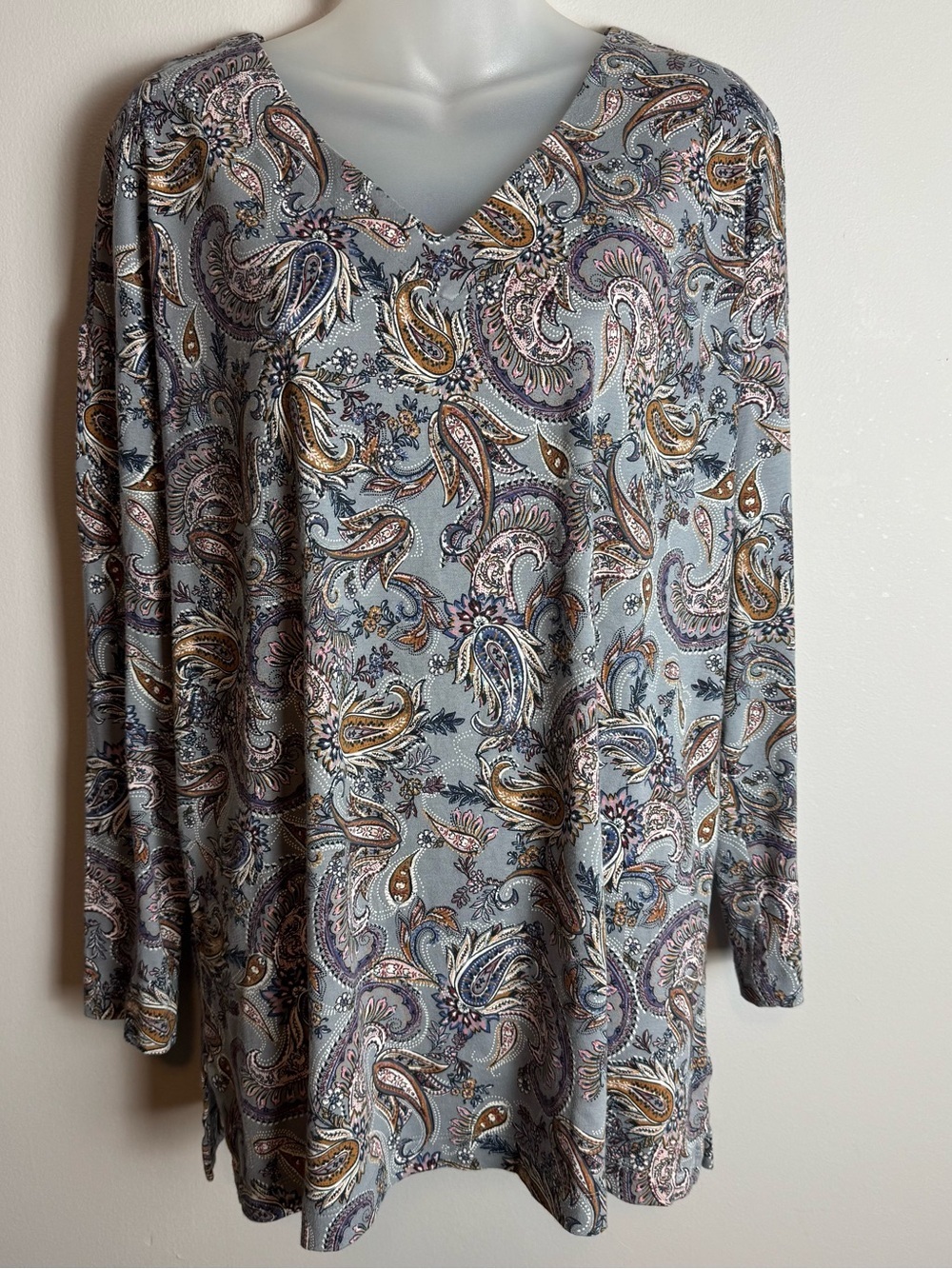 J. Jill 100% Supima Cotton Grey Paisley Print V-Neck Long Sleeve Tunic Size M